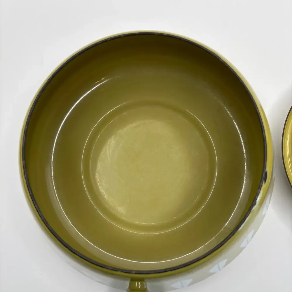 Vintage MCM Cathrineholm Avocado Green Enamel Lotus Design Fondue Pot